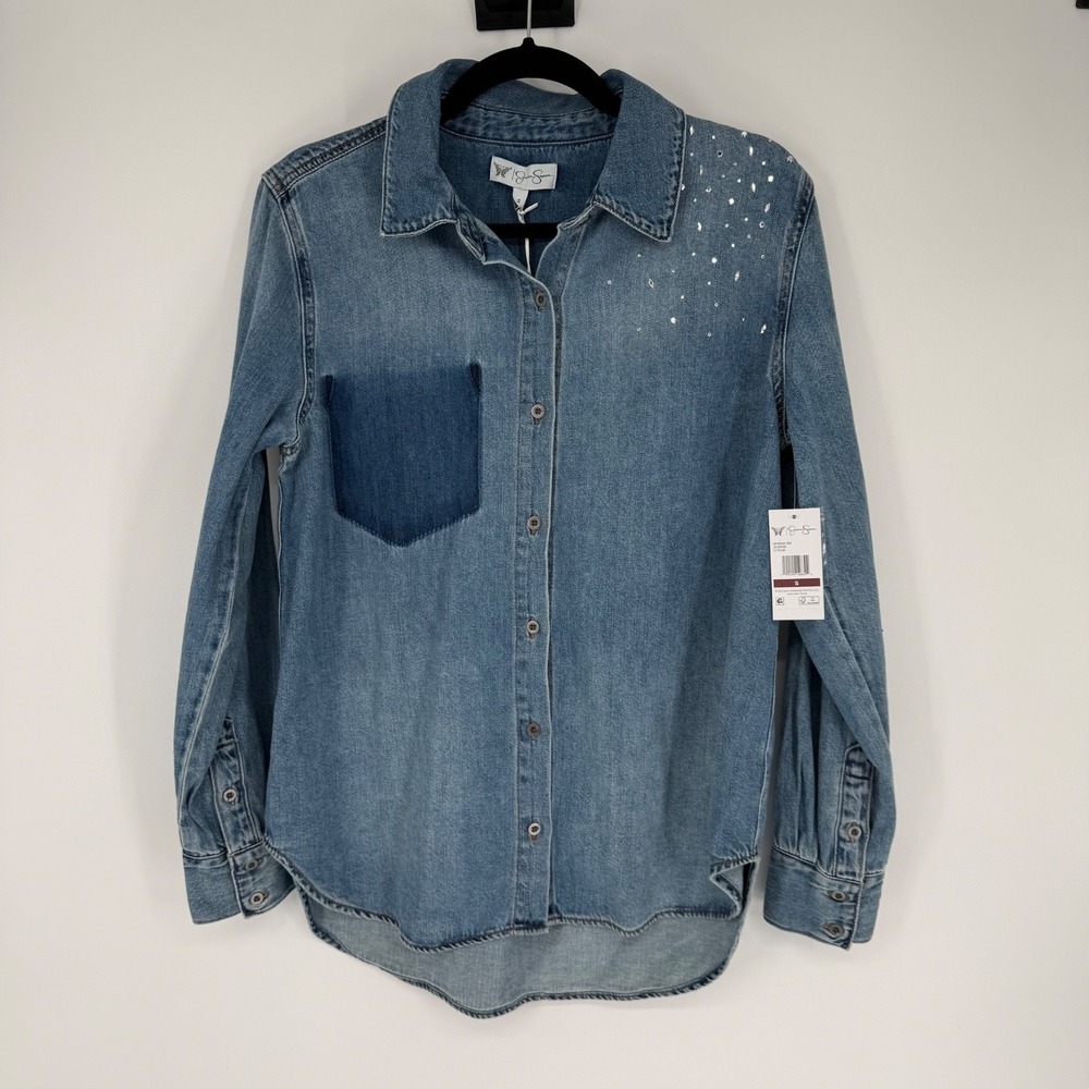 Jessica Simpson Shirt Women's Blue Denim Small Rhinestone Coastal Cowgirl